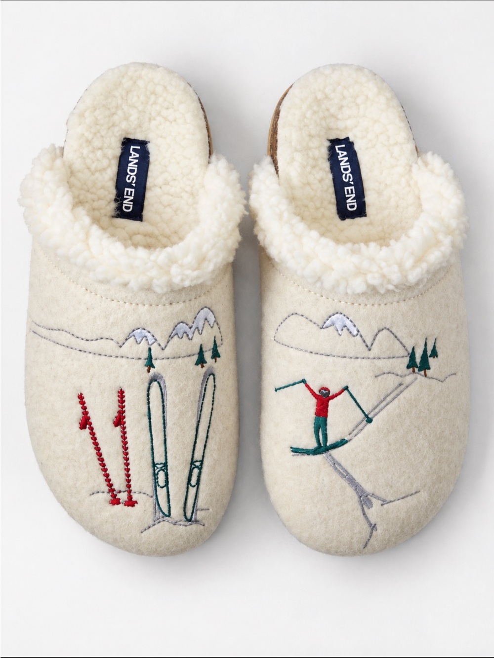 LANDSEND Women’s Felt Scuff Slippers, Warm Sherpa Lined, Oatmeal Snow Skiers